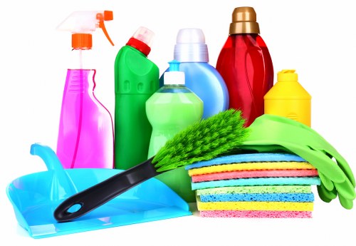 Eco-friendly domestic cleaning tools and supplies on a table