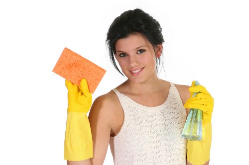Bathroom domestic cleaning showing sparkling fixtures and tiles
