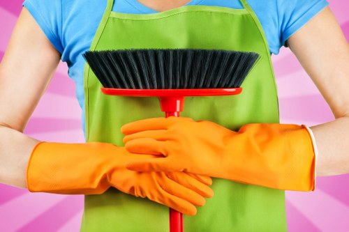 Detailed move out cleaning in a rental property with organized supplies