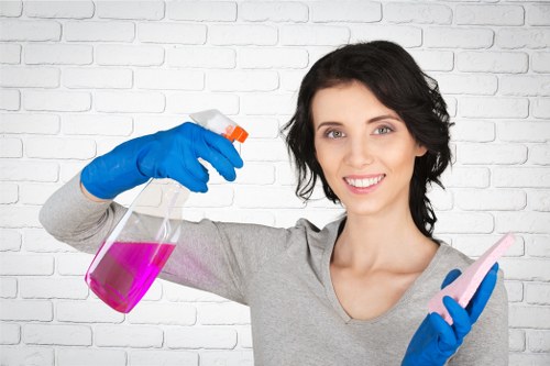 Bathroom deep cleaning supplies and polished fixtures