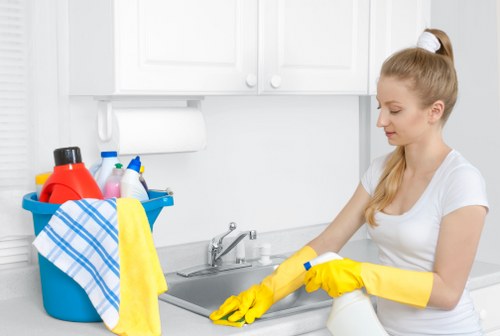 Office cleaning with disinfected desks and tidy workspace